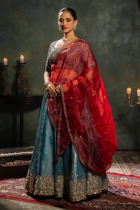 Buy_Aavya_Blue Tissue Embroidery Square Neck Gullista Vine Lehenga Set _Online_at_Aza_Fashions