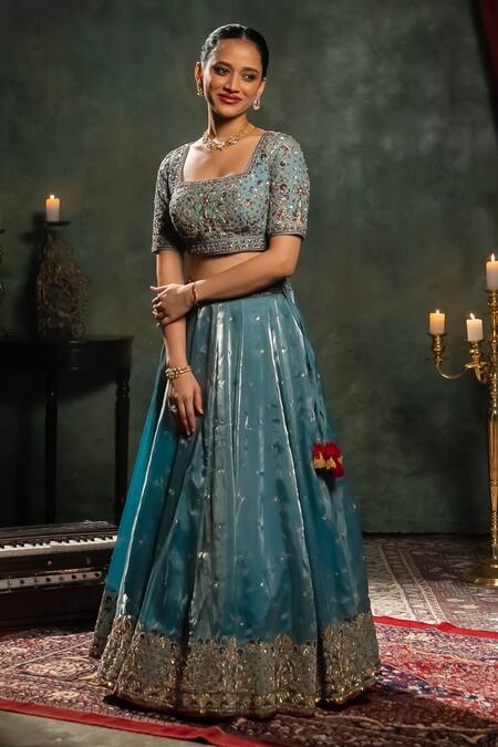Shop_Aavya_Blue Tissue Embroidery Square Neck Gullista Vine Lehenga Set _Online_at_Aza_Fashions