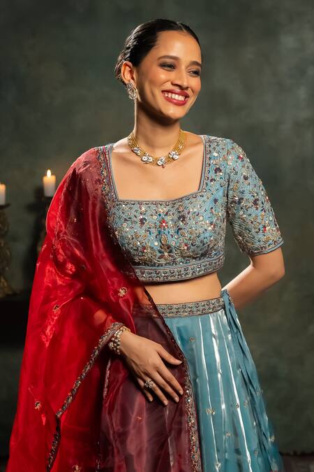 Buy_Aavya_Blue Tissue Embroidery Square Neck Gullista Vine Lehenga Set 