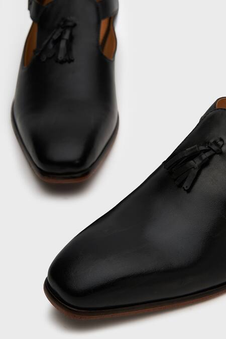 Shop_Nauvab_Black Plain Bagh Leather Shoes _Online_at_Aza_Fashions