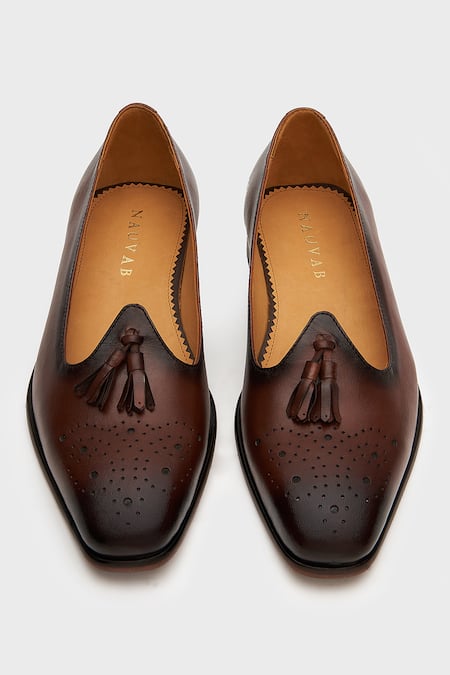 Shop_Nauvab_Brown Textured Nagra Tassled Mojiri _at_Aza_Fashions