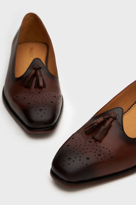 Shop_Nauvab_Brown Textured Nagra Tassled Mojiri _Online_at_Aza_Fashions