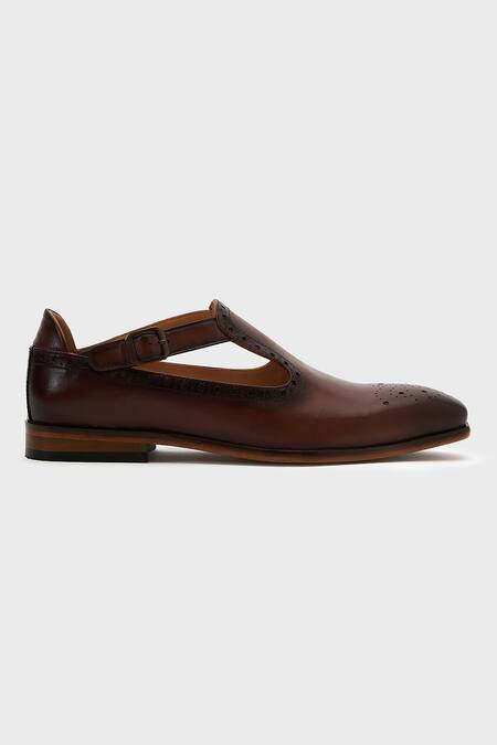 Nauvab_Brown Plain Leather Brogue Shoes With Buckle _Online_at_Aza_Fashions