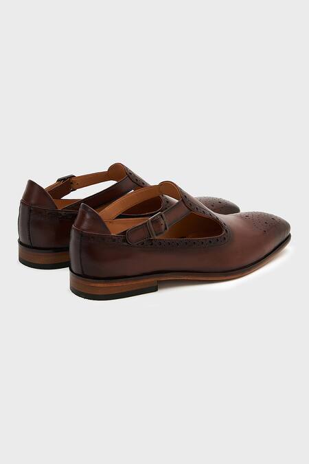 Buy_Nauvab_Brown Plain Leather Brogue Shoes With Buckle _Online_at_Aza_Fashions