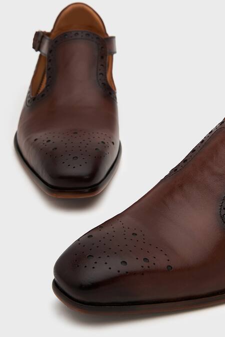 Shop_Nauvab_Brown Plain Leather Brogue Shoes With Buckle _Online_at_Aza_Fashions