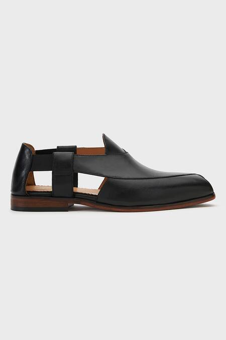 Nauvab_Black Plain Peashauri Cut-out Sandals _Online_at_Aza_Fashions