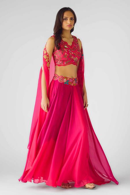 Basanti - Kapde Aur Koffee Pink Organza Sequins, Cut Work, Embroidery Scoop Neck Cape And Bustier Lehenga Set Online at Aza Fashions Basanti - Kapde Aur Koffee_Pink Organza Sequins, Cut Work, Embroidery Scoop Neck Cape And Bustier Lehenga Set_Online_at_Aza_Fashions