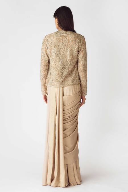 Basanti - Kapde Aur Koffee Gold Embroidered Pre-Draped Saree Set 