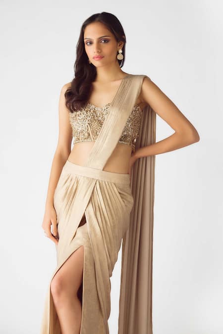 Buy_Basanti - Kapde Aur Koffee_Gold Georgette Pearls, Sequins Sweetheart Neck, Embroidered Pre-draped Saree Set_Online_at_Aza_Fashions