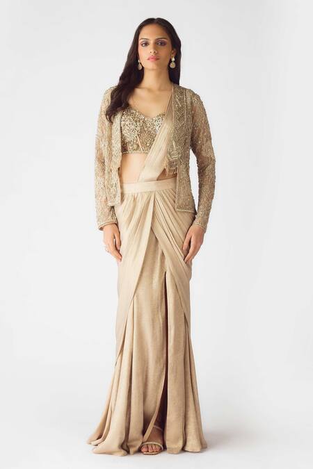 Shop_Basanti - Kapde Aur Koffee_Gold Georgette Pearls, Sequins Sweetheart Neck, Embroidered Pre-draped Saree Set_Online_at_Aza_Fashions