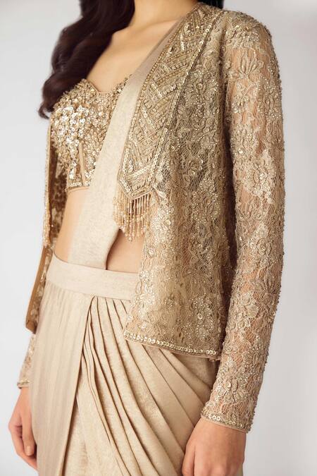 Basanti - Kapde Aur Koffee_Gold Georgette Pearls, Sequins Sweetheart Neck, Embroidered Pre-draped Saree Set_at_Aza_Fashions