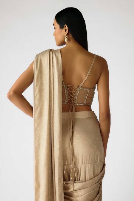 Basanti - Kapde Aur Koffee Gold Lycra Beads, Cut Work Sweetheart Neck Embroidered Pre-draped Saree Set Online at Aza Fashions Basanti - Kapde Aur Koffee_Gold Lycra Beads, Cut Work Sweetheart Neck Embroidered Pre-draped Saree Set_Online_at_Aza_Fashions