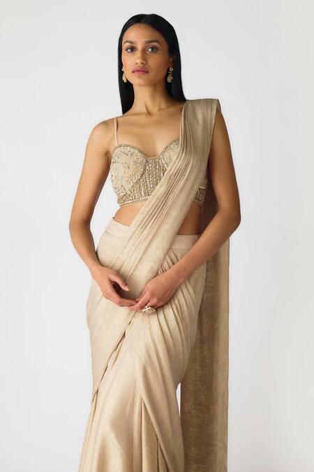 Buy Basanti - Kapde Aur Koffee Gold Lycra Beads, Cut Work Sweetheart Neck Embroidered Pre-draped Saree Set Online at Aza Fashions Buy_Basanti - Kapde Aur Koffee_Gold Lycra Beads, Cut Work Sweetheart Neck Embroidered Pre-draped Saree Set_Online_at_Aza_Fashions