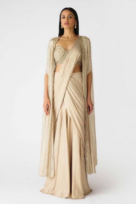 Shop Basanti - Kapde Aur Koffee Gold Lycra Beads, Cut Work Sweetheart Neck Embroidered Pre-draped Saree Set Online at Aza Fashions Shop_Basanti - Kapde Aur Koffee_Gold Lycra Beads, Cut Work Sweetheart Neck Embroidered Pre-draped Saree Set_Online_at_Aza_Fashions