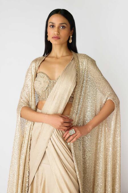 Basanti - Kapde Aur Koffee Gold Lycra Beads, Cut Work Sweetheart Neck Embroidered Pre-draped Saree Set at Aza Fashions Basanti - Kapde Aur Koffee_Gold Lycra Beads, Cut Work Sweetheart Neck Embroidered Pre-draped Saree Set_at_Aza_Fashions