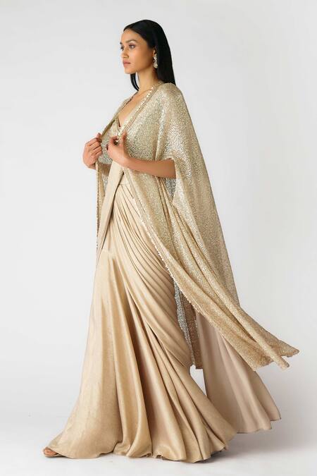 Buy Basanti - Kapde Aur Koffee Gold Lycra Beads, Cut Work Sweetheart Neck Embroidered Pre-draped Saree Set Buy_Basanti - Kapde Aur Koffee_Gold Lycra Beads, Cut Work Sweetheart Neck Embroidered Pre-draped Saree Set