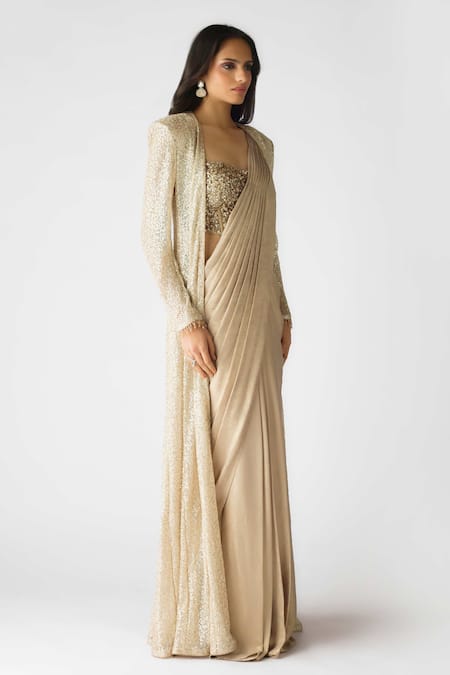 Basanti - Kapde Aur Koffee Gold Georgette Cut Work, Pearls, Stones Embellished Pre-draped Saree Set Online at Aza Fashions Basanti - Kapde Aur Koffee_Gold Georgette Cut Work, Pearls, Stones Embellished Pre-draped Saree Set_Online_at_Aza_Fashions