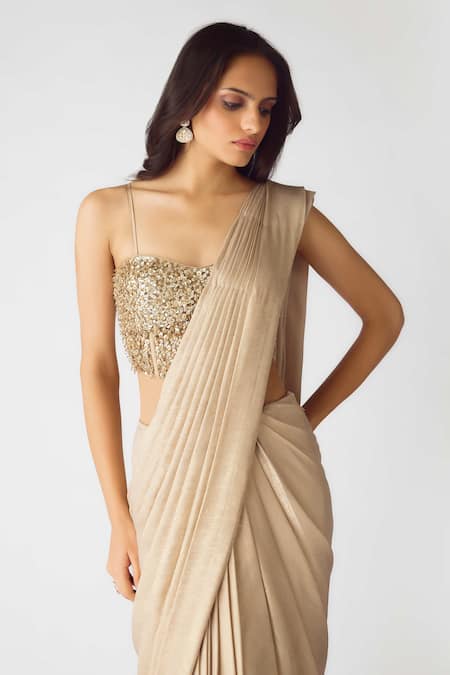 Buy Basanti - Kapde Aur Koffee Gold Georgette Cut Work, Pearls, Stones Embellished Pre-draped Saree Set Online at Aza Fashions Buy_Basanti - Kapde Aur Koffee_Gold Georgette Cut Work, Pearls, Stones Embellished Pre-draped Saree Set_Online_at_Aza_Fashions
