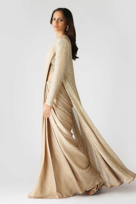 Shop Basanti - Kapde Aur Koffee Gold Georgette Cut Work, Pearls, Stones Embellished Pre-draped Saree Set Online at Aza Fashions Shop_Basanti - Kapde Aur Koffee_Gold Georgette Cut Work, Pearls, Stones Embellished Pre-draped Saree Set_Online_at_Aza_Fashions