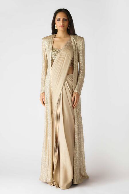 Basanti - Kapde Aur Koffee Gold Georgette Cut Work, Pearls, Stones Embellished Pre-draped Saree Set at Aza Fashions Basanti - Kapde Aur Koffee_Gold Georgette Cut Work, Pearls, Stones Embellished Pre-draped Saree Set_at_Aza_Fashions