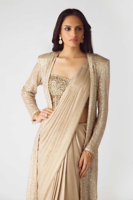 Buy Basanti - Kapde Aur Koffee Gold Georgette Cut Work, Pearls, Stones Embellished Pre-draped Saree Set Buy_Basanti - Kapde Aur Koffee_Gold Georgette Cut Work, Pearls, Stones Embellished Pre-draped Saree Set
