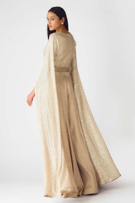 Basanti - Kapde Aur Koffee Champagne V Neck Cape Sleeve Jumpsuit 