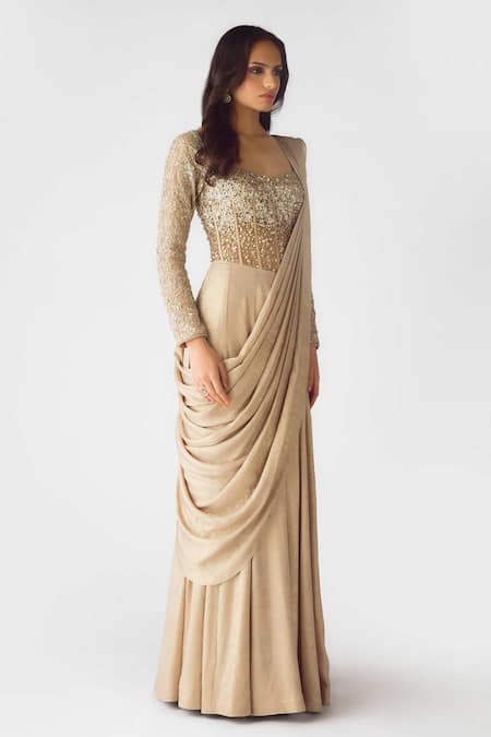 Basanti - Kapde Aur Koffee_Gold Georgette Pearls, Sequins Open Neck Embellished Draped Jumpsuit_Online_at_Aza_Fashions