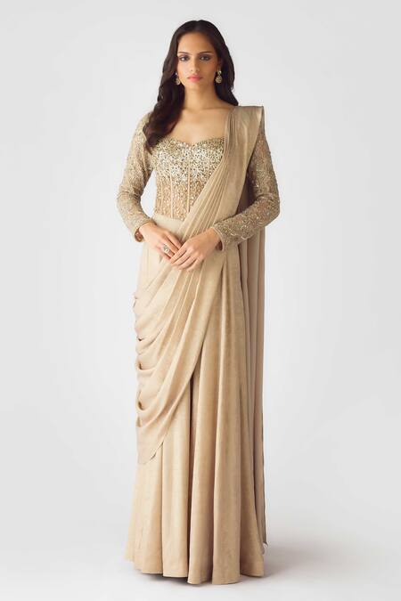 Buy_Basanti - Kapde Aur Koffee_Gold Georgette Pearls, Sequins Open Neck Embellished Draped Jumpsuit_Online_at_Aza_Fashions