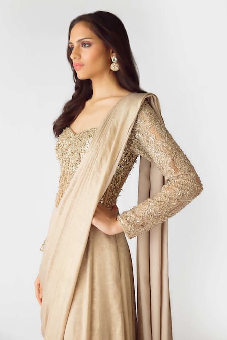 Shop_Basanti - Kapde Aur Koffee_Gold Georgette Pearls, Sequins Open Neck Embellished Draped Jumpsuit_Online_at_Aza_Fashions