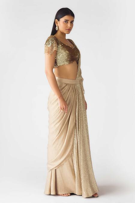 Basanti - Kapde Aur Koffee_Gold Tissue Pearls, Sequins, Stones Embellished Pre-draped Saree And Blouse Set_Online_at_Aza_Fashions