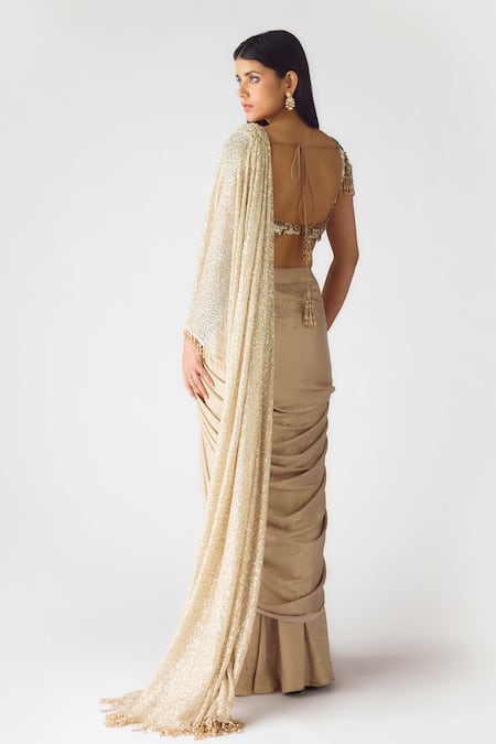 Basanti - Kapde Aur Koffee Gold Embellished Pre-Draped Saree & Blouse Set 