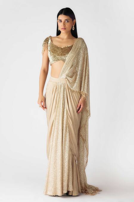 Buy_Basanti - Kapde Aur Koffee_Gold Tissue Pearls, Sequins, Stones Embellished Pre-draped Saree And Blouse Set_Online_at_Aza_Fashions