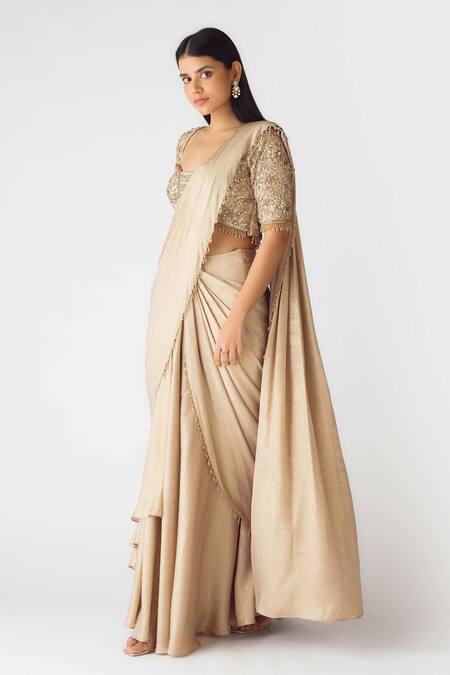 Basanti - Kapde Aur Koffee Gold Georgette Pearls, Cut Work Round Neck Embellished Pre-draped Saree Set Online at Aza Fashions Basanti - Kapde Aur Koffee_Gold Georgette Pearls, Cut Work Round Neck Embellished Pre-draped Saree Set_Online_at_Aza_Fashions