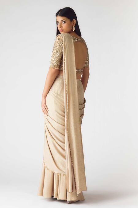 Basanti - Kapde Aur Koffee Gold Embellished Pre-Draped Saree Set 