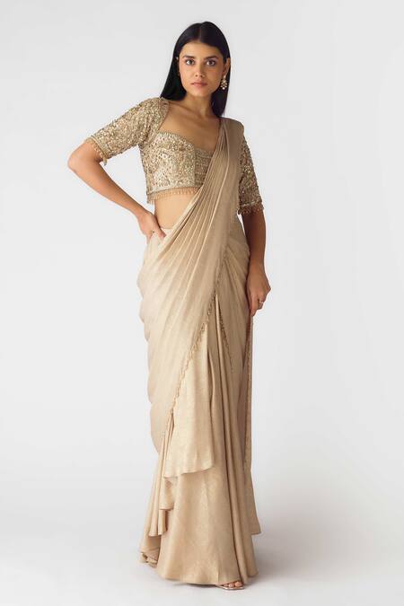 Buy Basanti - Kapde Aur Koffee Gold Georgette Pearls, Cut Work Round Neck Embellished Pre-draped Saree Set Online at Aza Fashions Buy_Basanti - Kapde Aur Koffee_Gold Georgette Pearls, Cut Work Round Neck Embellished Pre-draped Saree Set_Online_at_Aza_Fashions