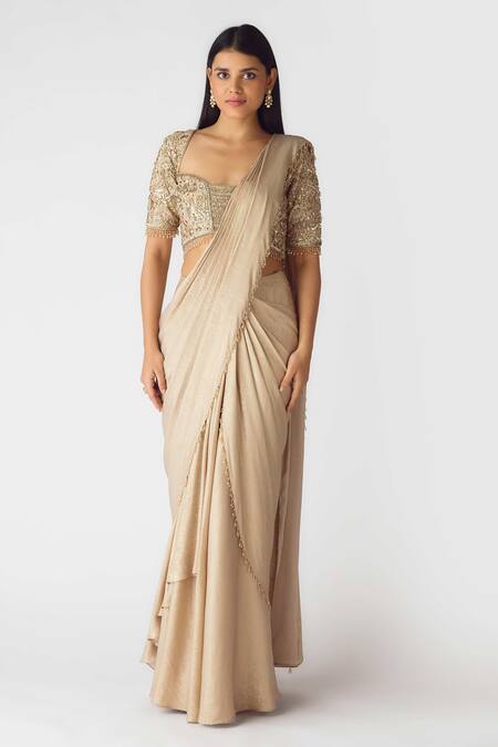 Shop Basanti - Kapde Aur Koffee Gold Georgette Pearls, Cut Work Round Neck Embellished Pre-draped Saree Set Online at Aza Fashions Shop_Basanti - Kapde Aur Koffee_Gold Georgette Pearls, Cut Work Round Neck Embellished Pre-draped Saree Set_Online_at_Aza_Fashions