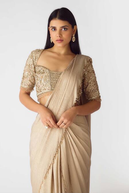 Basanti - Kapde Aur Koffee Gold Georgette Pearls, Cut Work Round Neck Embellished Pre-draped Saree Set at Aza Fashions Basanti - Kapde Aur Koffee_Gold Georgette Pearls, Cut Work Round Neck Embellished Pre-draped Saree Set_at_Aza_Fashions