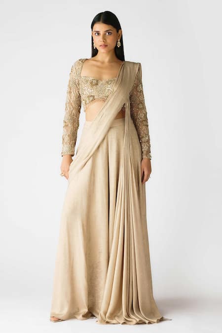 Basanti - Kapde Aur Koffee_Gold Georgette Pearls, Sequins Asymmetric Embellished Pre-draped Sharara Saree_Online_at_Aza_Fashions