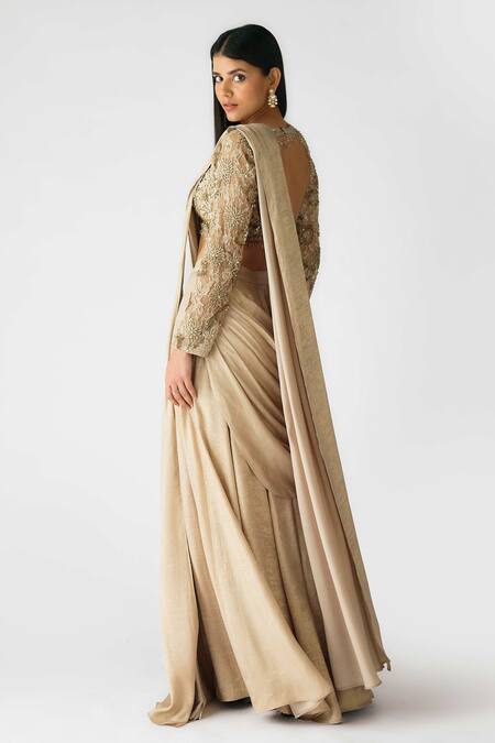 Buy_Basanti - Kapde Aur Koffee_Gold Georgette Pearls, Sequins Asymmetric Embellished Pre-draped Sharara Saree_Online_at_Aza_Fashions