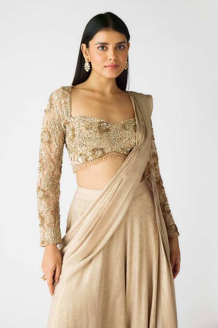 Shop_Basanti - Kapde Aur Koffee_Gold Georgette Pearls, Sequins Asymmetric Embellished Pre-draped Sharara Saree_Online_at_Aza_Fashions