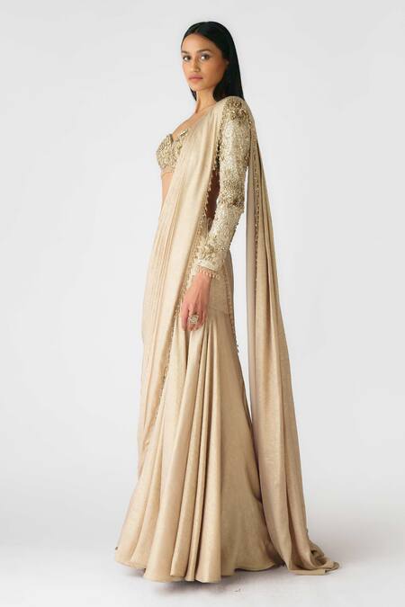 Basanti - Kapde Aur Koffee_Gold Georgette Sequins, Beads, Smocking Embellished Pre-draped Skirt Saree_Online_at_Aza_Fashions