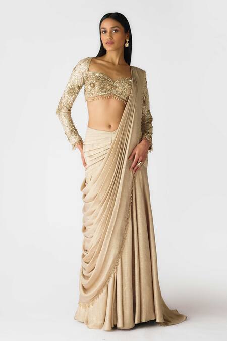 Buy_Basanti - Kapde Aur Koffee_Gold Georgette Sequins, Beads, Smocking Embellished Pre-draped Skirt Saree_Online_at_Aza_Fashions