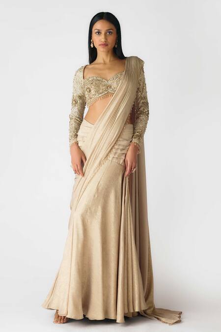 Shop_Basanti - Kapde Aur Koffee_Gold Georgette Sequins, Beads, Smocking Embellished Pre-draped Skirt Saree_Online_at_Aza_Fashions