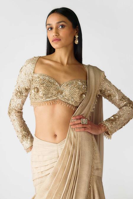 Basanti - Kapde Aur Koffee_Gold Georgette Sequins, Beads, Smocking Embellished Pre-draped Skirt Saree_at_Aza_Fashions