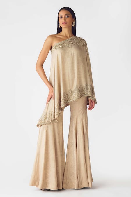 Basanti - Kapde Aur Koffee_Gold Georgette Pearls, Sequins, Cut Work Asymmetric Embroidered Cape Sharara Set_Online_at_Aza_Fashions