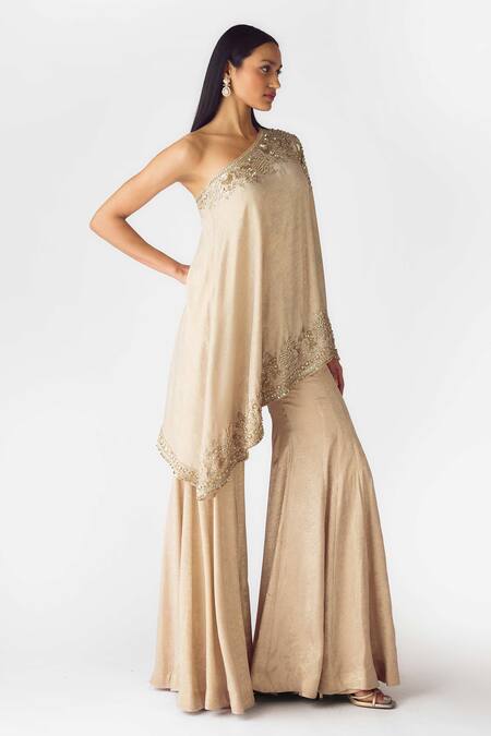 Buy_Basanti - Kapde Aur Koffee_Gold Georgette Pearls, Sequins, Cut Work Asymmetric Embroidered Cape Sharara Set_Online_at_Aza_Fashions