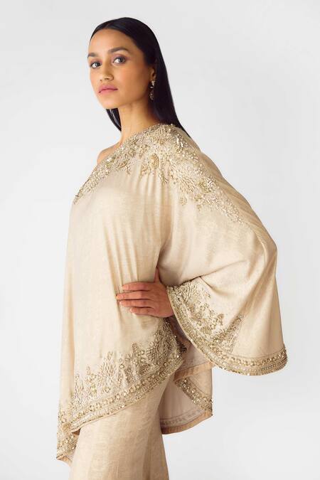 Shop_Basanti - Kapde Aur Koffee_Gold Georgette Pearls, Sequins, Cut Work Asymmetric Embroidered Cape Sharara Set_Online_at_Aza_Fashions