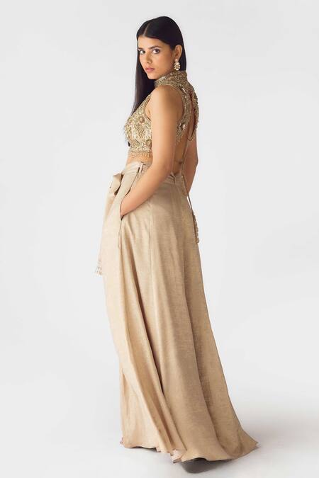 Basanti - Kapde Aur Koffee_Gold Georgette Cut Work Round Neck Embroidered Blouse And Sharara Set_Online_at_Aza_Fashions