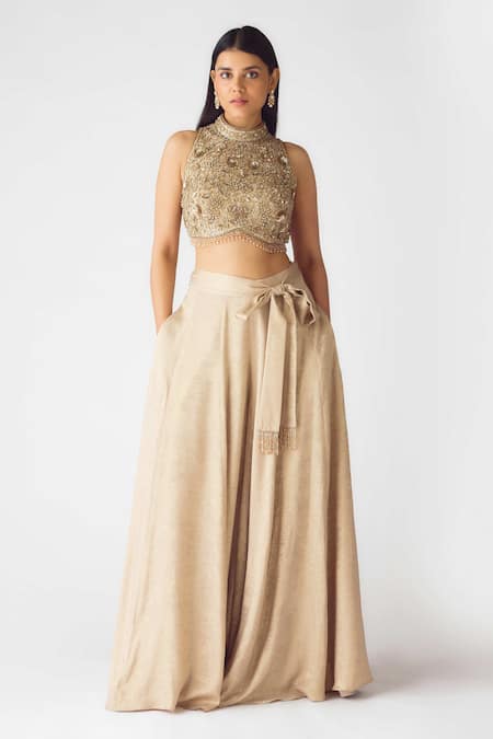 Buy_Basanti - Kapde Aur Koffee_Gold Georgette Cut Work Round Neck Embroidered Blouse And Sharara Set_Online_at_Aza_Fashions