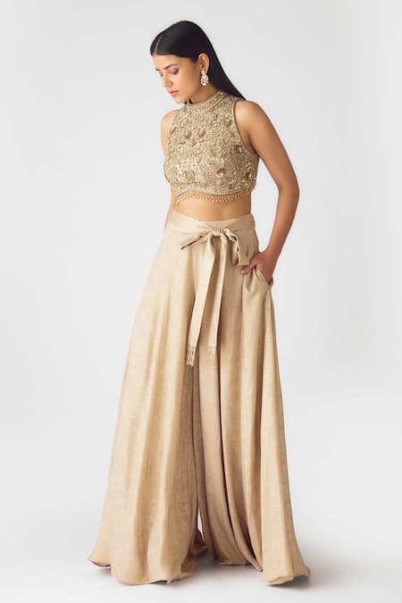 Shop_Basanti - Kapde Aur Koffee_Gold Georgette Cut Work Round Neck Embroidered Blouse And Sharara Set_Online_at_Aza_Fashions